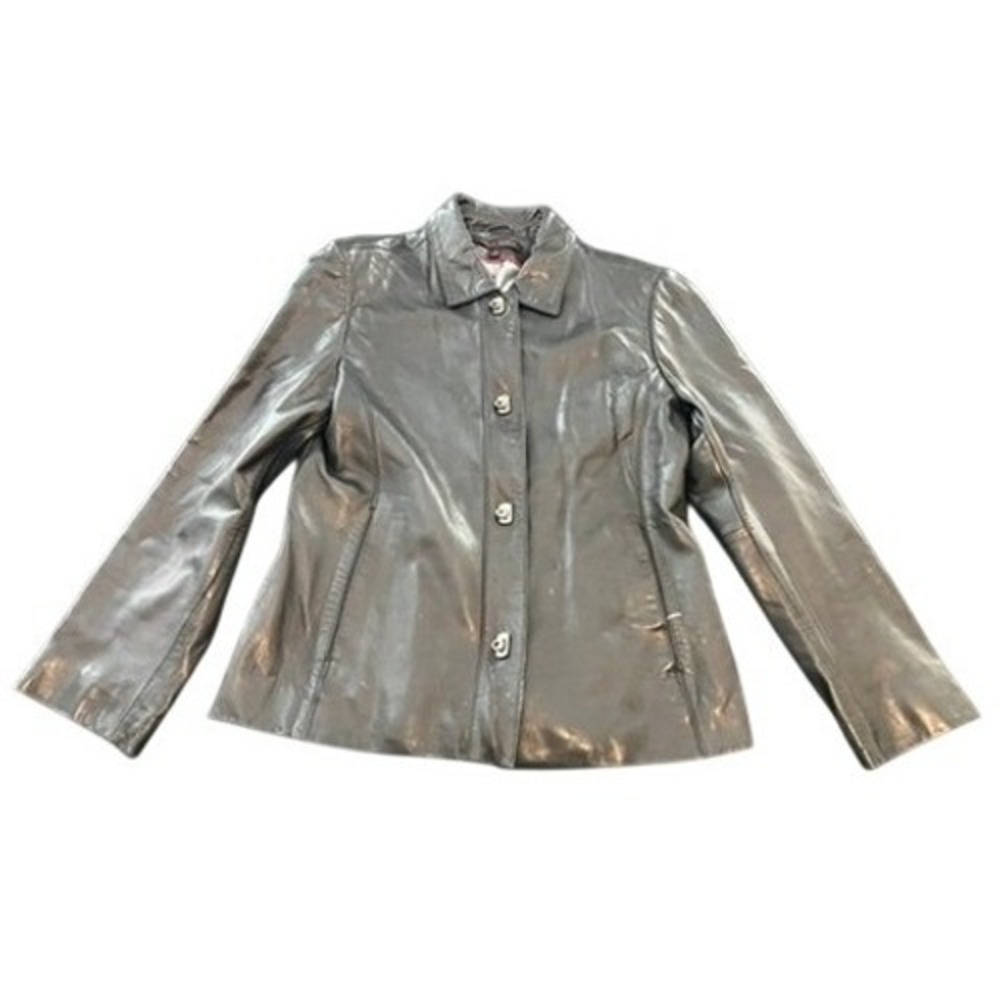 Anne Klein Black Genuine Lambskin Leather Jacket Button Front Womens Size Medium